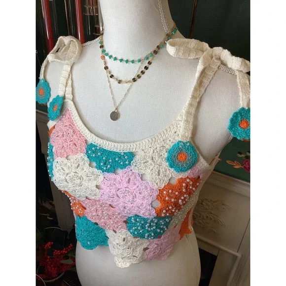 POL One Size Crochet Flower Applique Crop Tank Top Beaded Ivory Pink Orange Teal - Picture 2 of 5